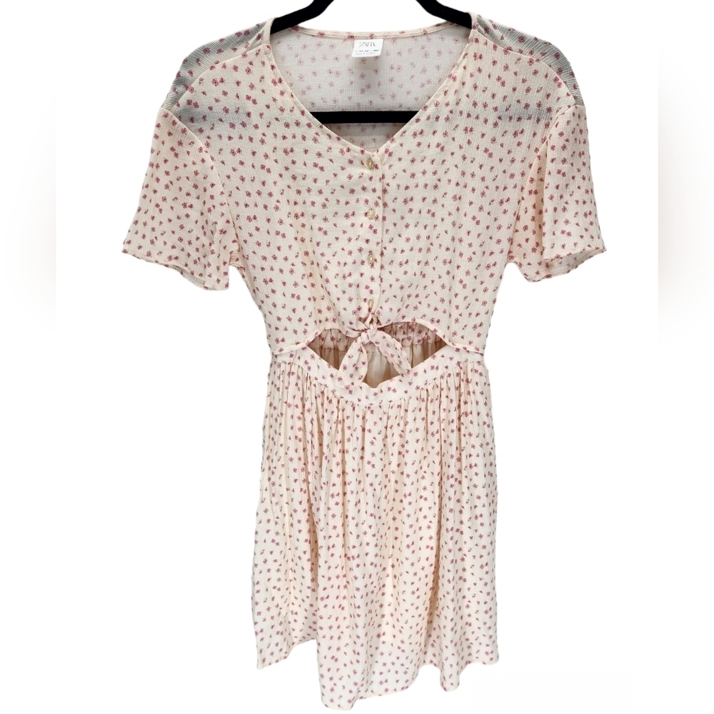 Zara Floral Short Sleeve Dress Girls 11-12 Cream Pink V Neck Summer Easter Party